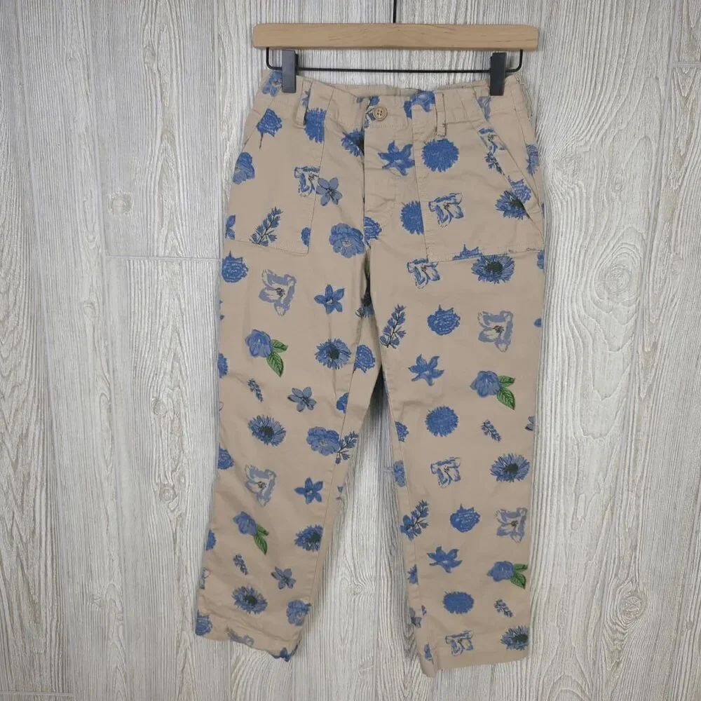 Lucky Brand Mid-Rise Utility Capris Ankle Length Tan Blue Floral Design Sz 26
